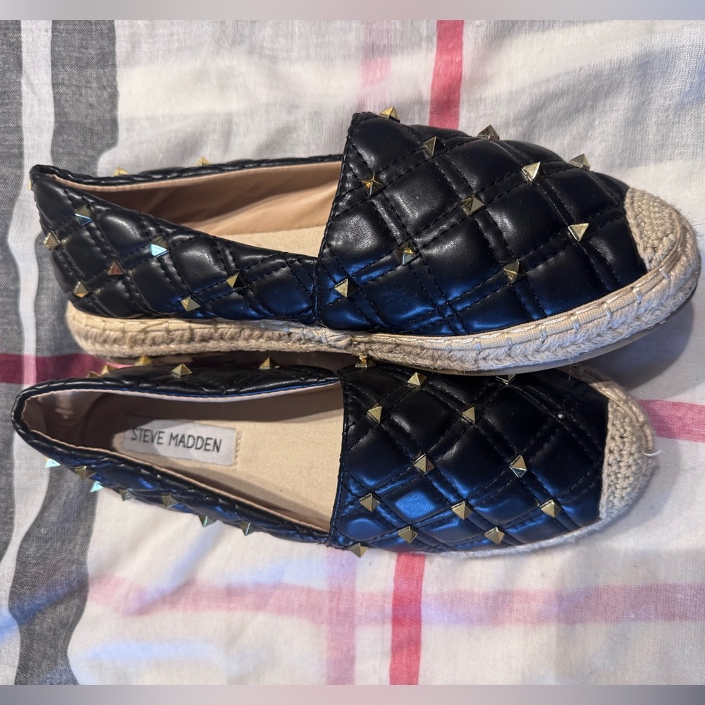 Steve Madden Quilted Black Espadrilles with Gold Accents